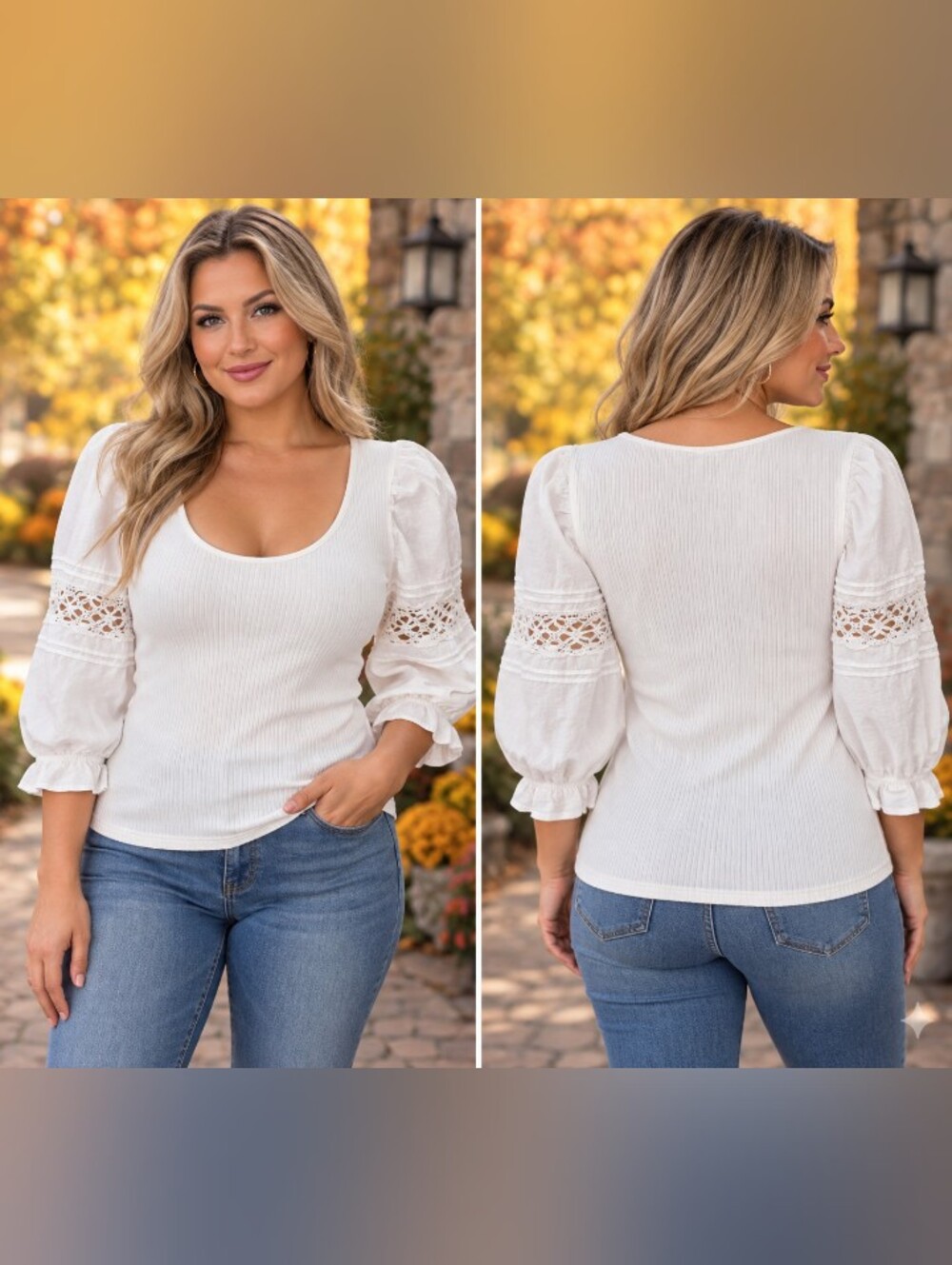 free people white ribbed top puff sleeve crochet lace boho cottagecore blouse l